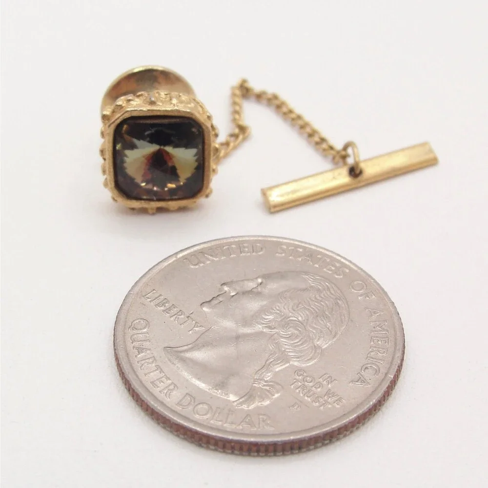 Vintage Gold Tone Square Smoky Crystal Rhinestone Tie Tac Pin Chain Wedding
